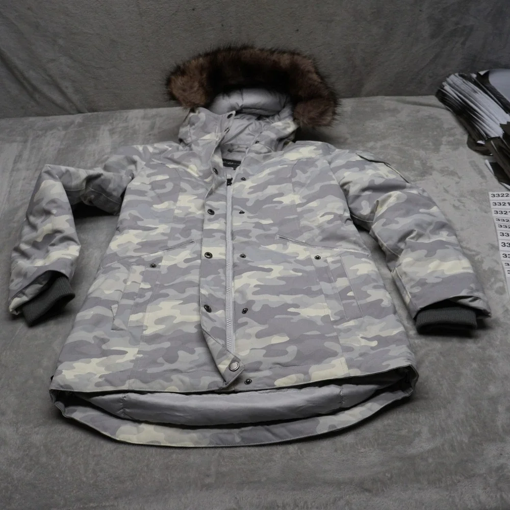 Eddie Bauer Down Jacket Womens Small White Camo Faux Fur Trim Insulated Parka